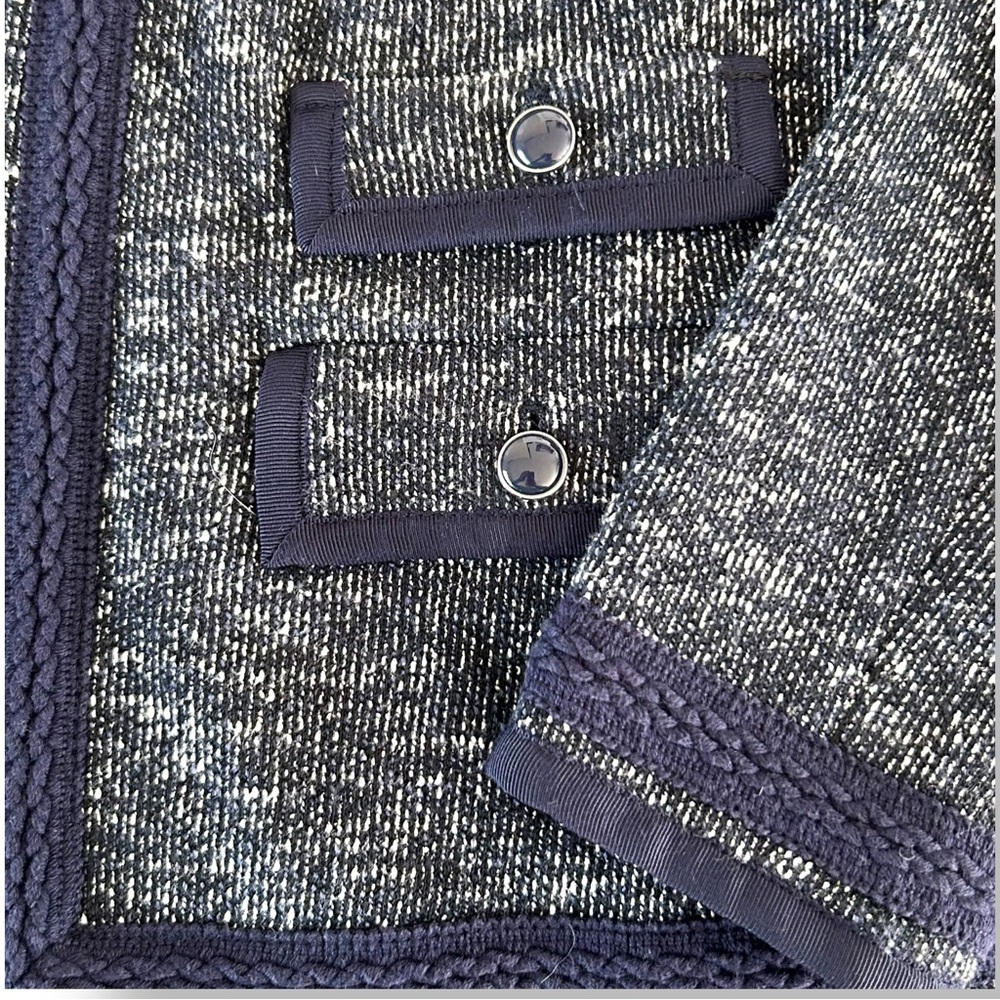 4/$20 Talbots Petites Tweed Knit Jacket Navy Zip Front Braided Trim Blazer 4P - Picture 3 of 6